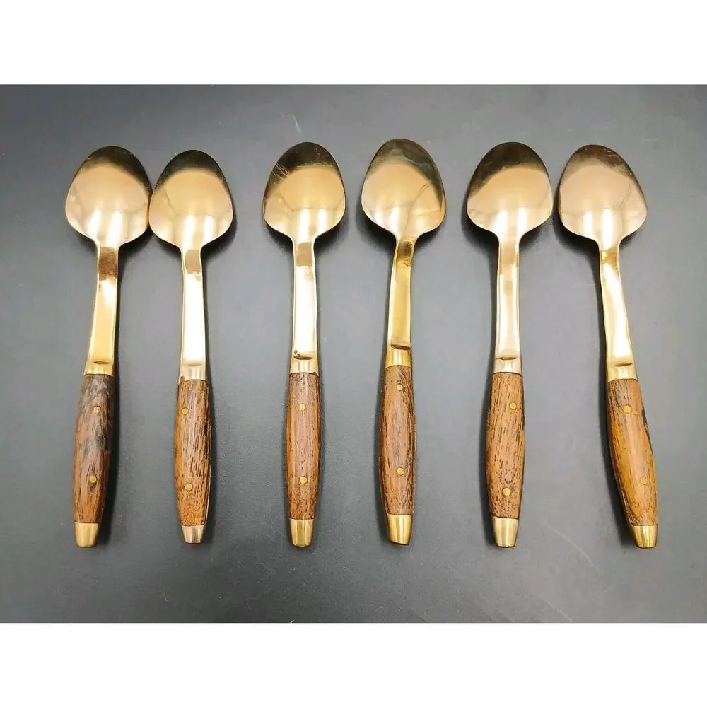 Antique Rosewood Bronze and Wood Set of 6 Small Spoon Thailand Rare
